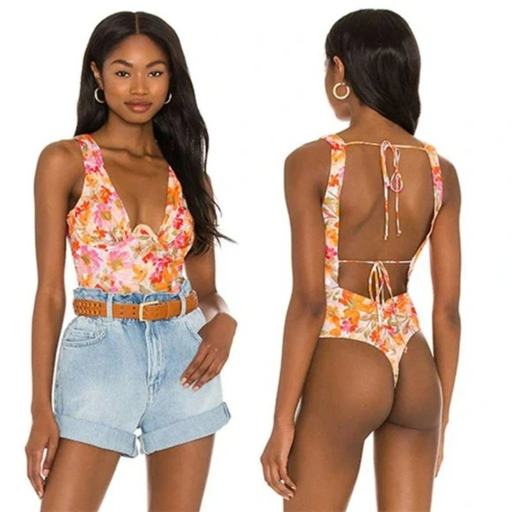 For Love And Lemons Floral Tie-Back V-Neck Bodysuit in Pink and Orange